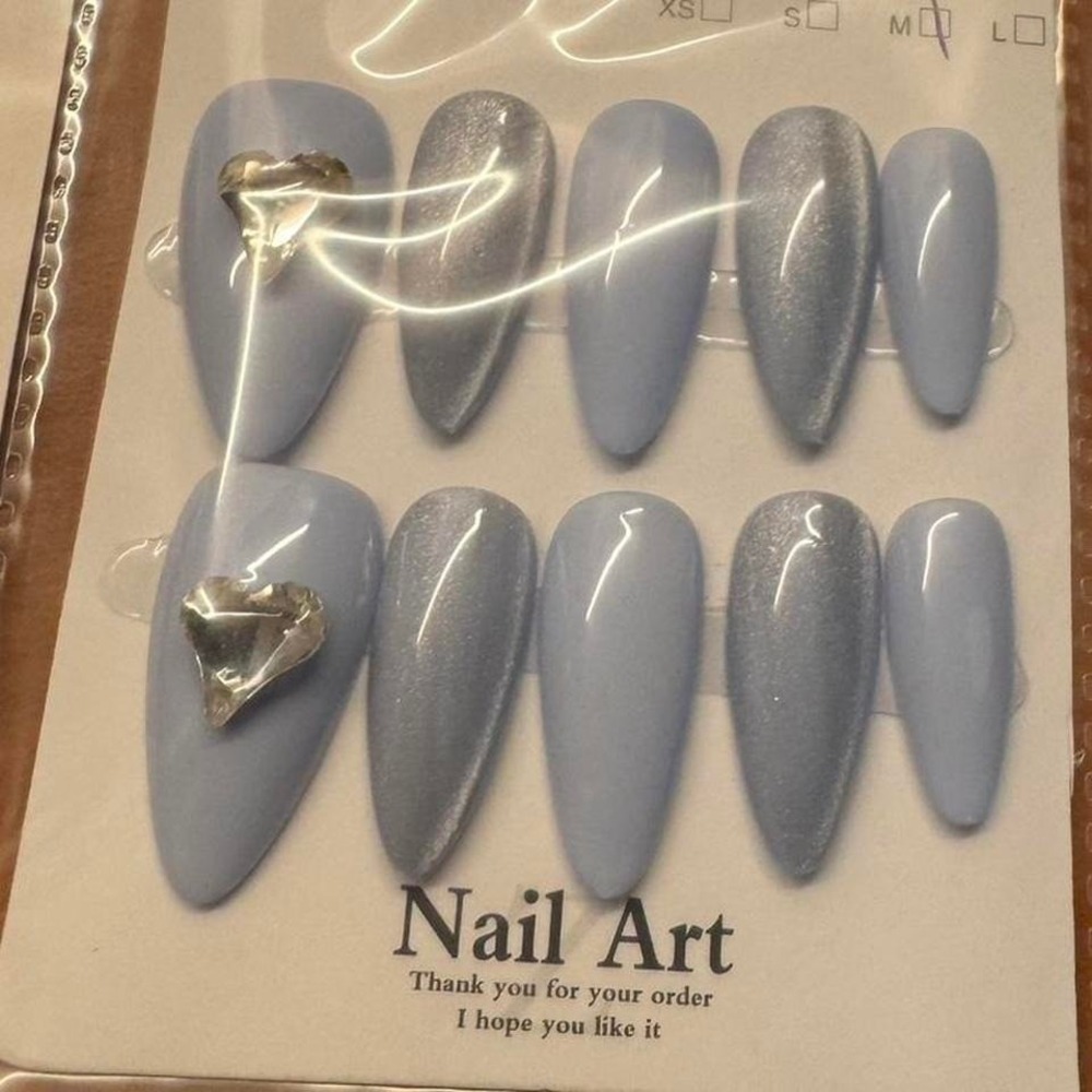 Blue Press On Nails with Heart Accent‎ Stiletto Nail Art Medium